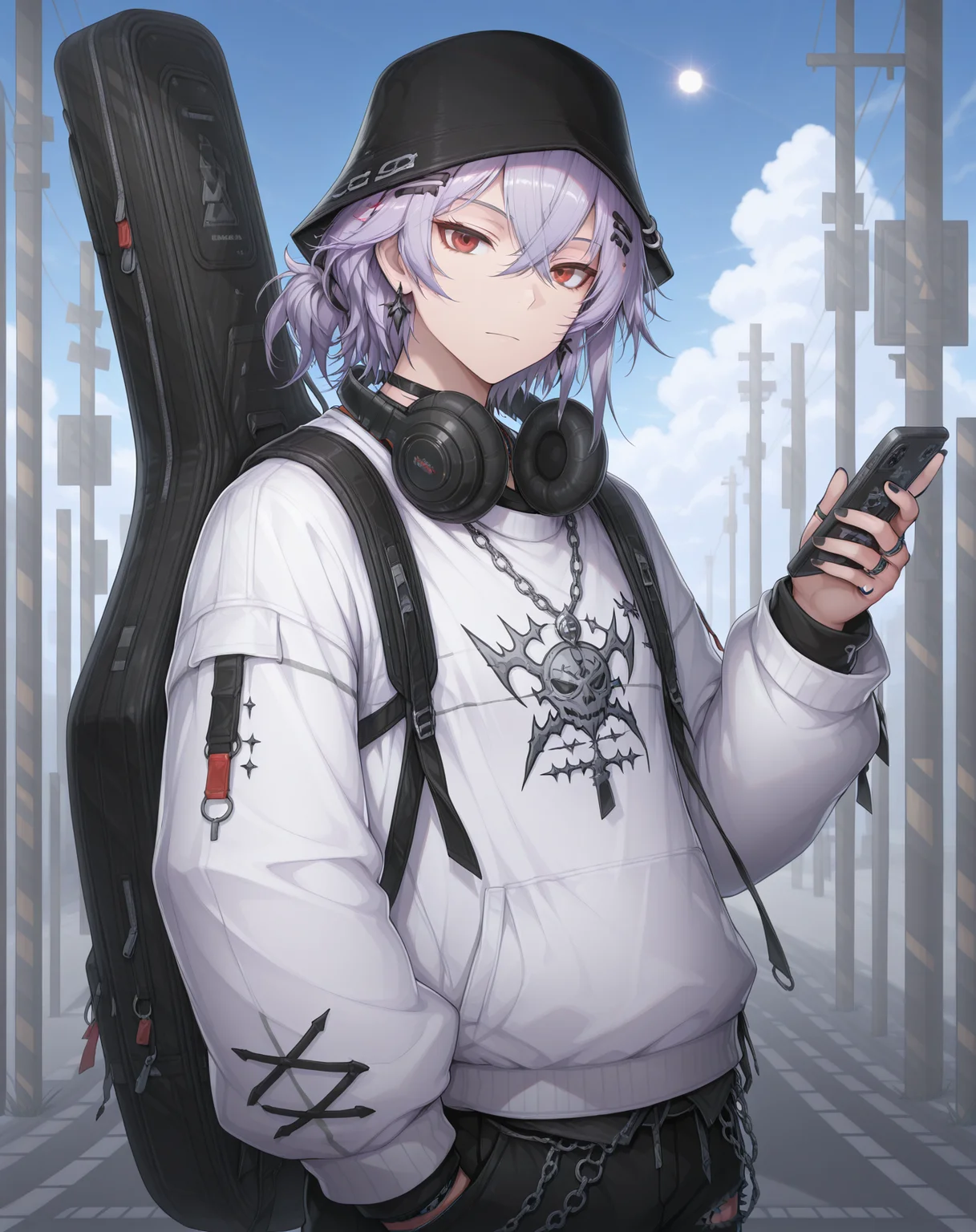 masterpiece, amazing quality, best quality, absurdres, very aesthetic,
1boy, solo, yaoi, male focus, cowboy shot, upper body, looking at viewer, face focus,
<lora:Asin_Dark_Dream_ilxl:1> asindarkdream, red eyes, hair between eyes, short hair, purple hair,crossed bangs,
headphones around neck, black headwear, black pants, black footwear, white jacket, long sleeves, bucket hat, shoes, torn pants, black bag, alternate costume, beanie, black socks, chain necklace, nail polish,
cellphone, smartphone, jewelry, earrings, hair ornament, black nails, multiple rings, hairclip, ring,
instrument case, guitar case,
holding phone, hand in pocket,
outdoors, day, blue sky, sun,
