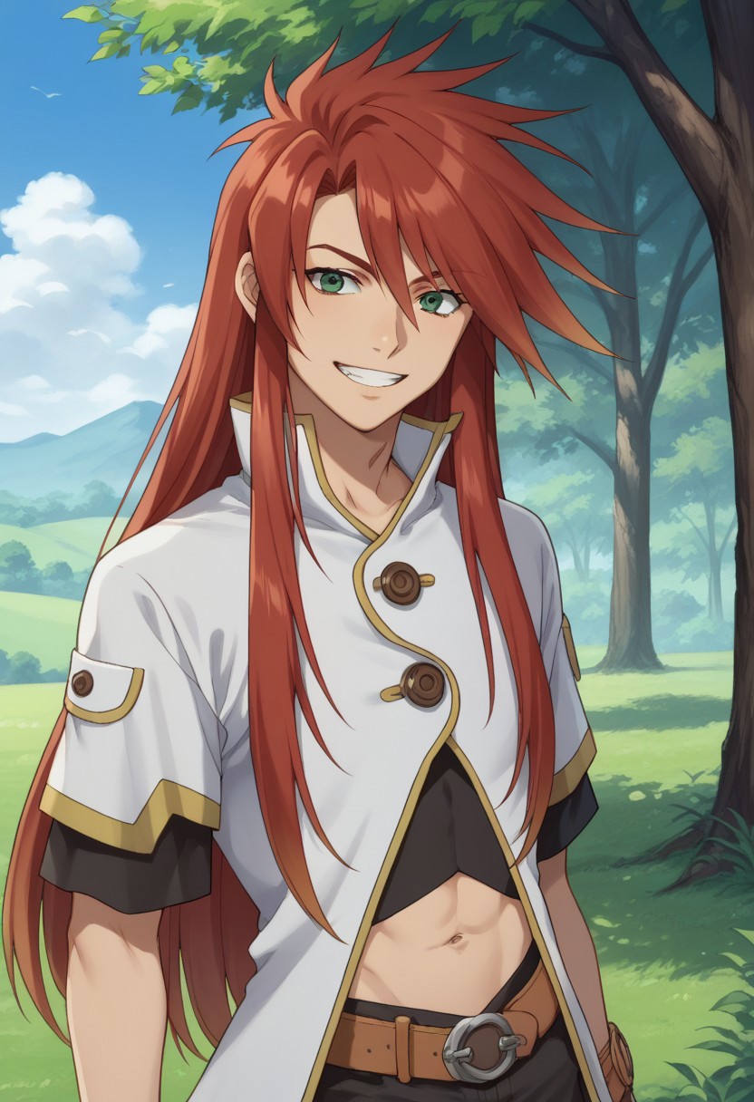 score_9, score_8_up, score_7_up, source_anime, highly detailed, 
lukefon, male focus, 1boy, red hair, solo, long hair, smile, grin, green eyes, shirt, black shirt, coat, high collar, white coat, upper body, belt, black pants, midriff.
outdoor, sky, tree,