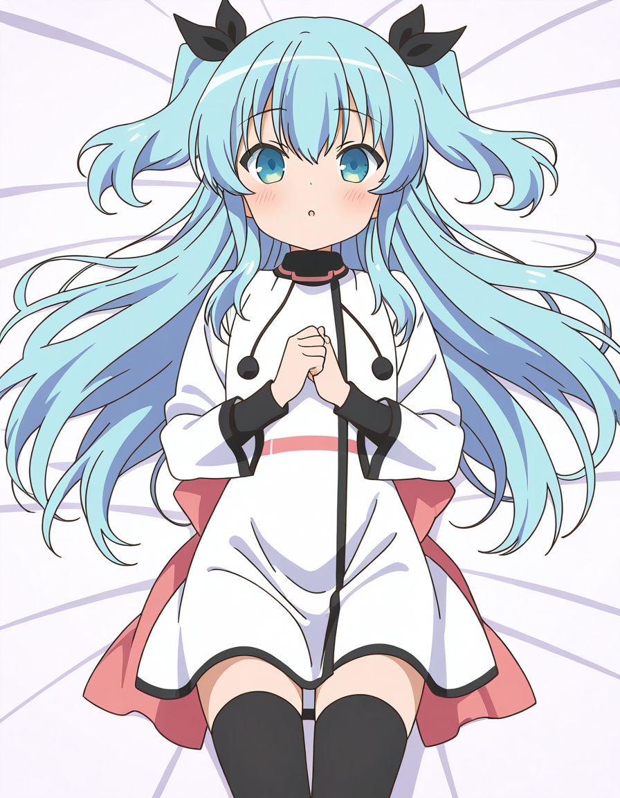 general,highres, ultra-detailed,very aesthetic,best quality ,best hands,  BREAK,  <lora:Noel_IS:1>  Noel, 1girl,solo, long hair, blue hair, two side up, blue eyes, hair ribbon, black ribbon,bangs, 2020s (style), anime coloring,
 thighhighs, dress, white dress, black thighhighs, lying, on back, long sleeves, looking at viewer, bed sheet, blush, very long hair, own hands together, hair between eyes, black ribbon, parted lips, :o,
sky, grass,