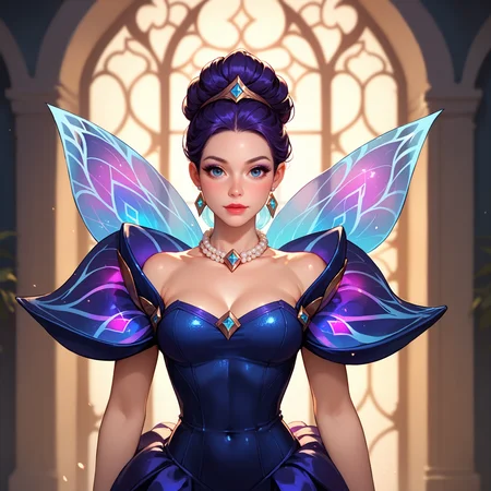 Fairy tale score_9, score_8_up, score_7_up, score_6_up, adult beautiful woman, solo,  indoors, standing,<lora:WMG3-69-PDXL:0.8>,Kai'Sa (League of Legends) Dark Purple Hair in a Smooth Back Style, Daughter of the Void, survivalist and adaptive., pose,  haute couture, bodycon, (looking at viewer),  neckline, enraged  expression, pearl choker,  sparke, dr3ss,  . Magical, fantastical, enchanting, storybook style, highly detailed
