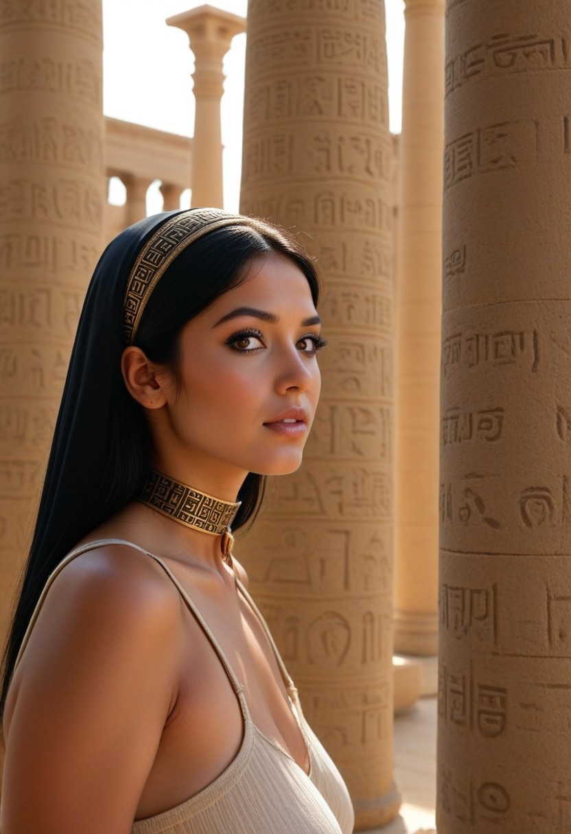 masterpiece, best quality, detailed face, detailed eyes, 4k, 8k, absurdres, Tiaris, egyptian slave, young woman, headscarf, black hair, ,simple dress, ancient temple background, hieroglyph columns, sunlight, high detail, sharp focus, wlae86, portrait, serving wine, indoors
