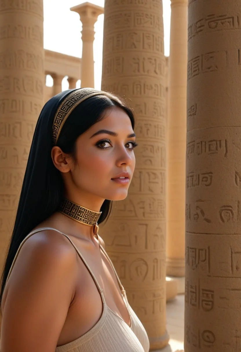 masterpiece, best quality, detailed face, detailed eyes, 4k, 8k, absurdres, Tiaris, egyptian slave, young woman, headscarf, black hair, ,simple dress, ancient temple background, hieroglyph columns, sunlight, high detail, sharp focus, wlae86, portrait, serving wine, indoors