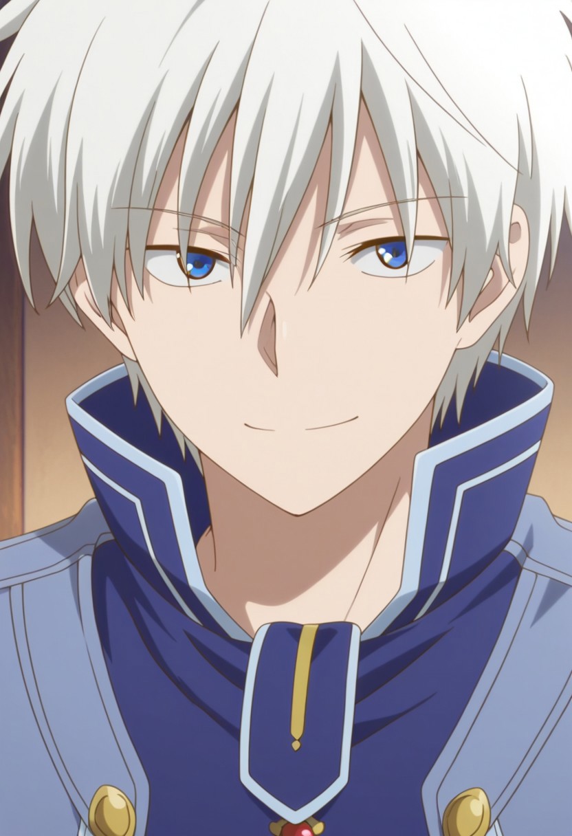 masterpiece,best quality,amazing quality, source_anime, 
ZenWistaria, 1boy, male focus, solo, blue eyes, white hair, jacket, blue jacket, high collar, smile, portrait,