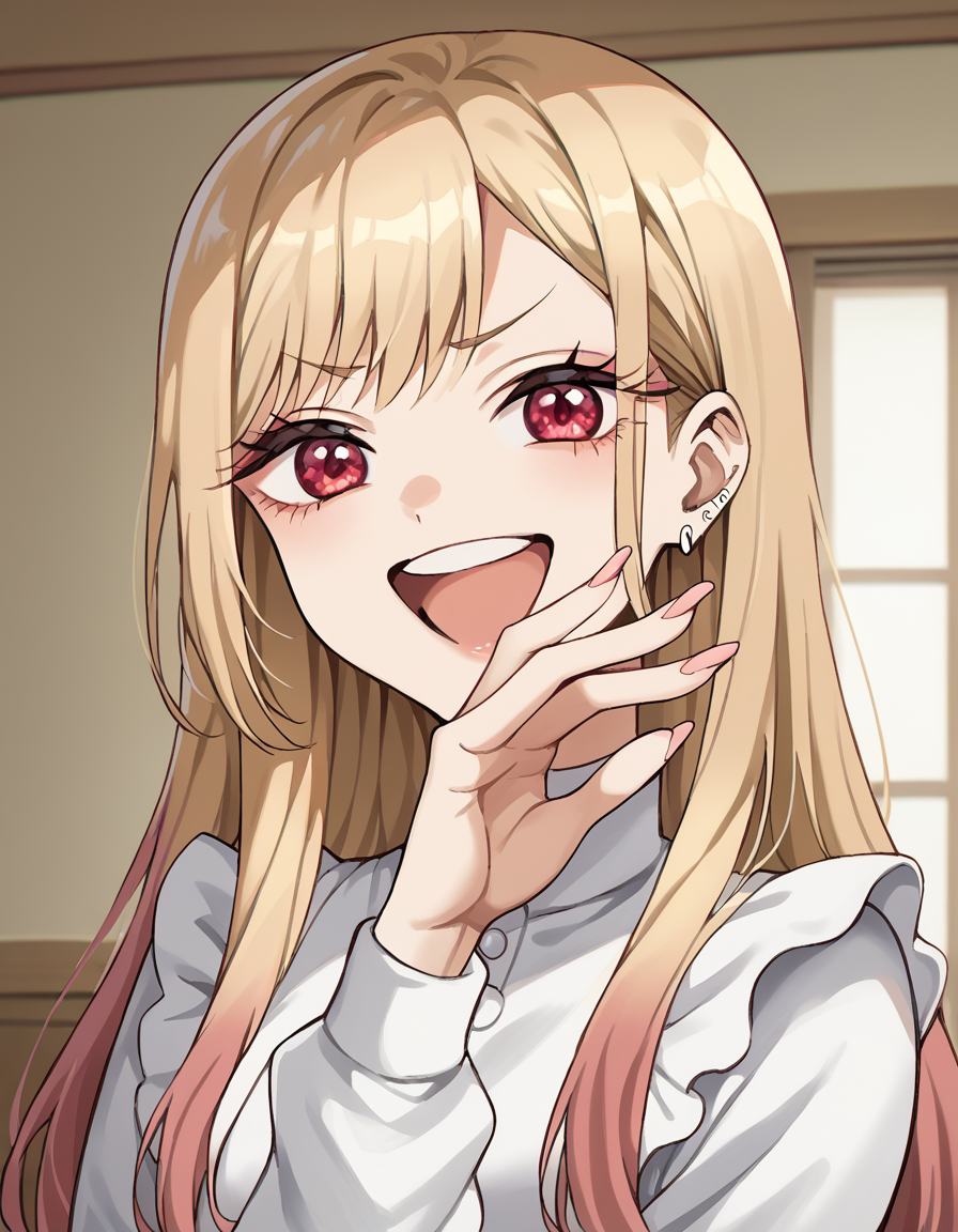 score_9, score_8_up, score_7_up, source_anime, marinkitagawa, <lora:marin-kitagawa-ponyxl-lora-nochekaiser:1>, marin kitagawa, long hair, bangs, blonde hair, red eyes, multicolored hair,, <lora:ojou-sama-pose-ponyxl-lora-nochekaiser:1>, ojou-sama pose, laughing, smug, hand to own mouth, open mouth,, indoors, smile,, cowboy shot, dutch angle, looking at viewer,
