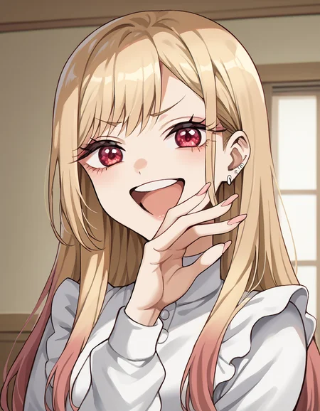 score_9, score_8_up, score_7_up, source_anime, marinkitagawa, <lora:marin-kitagawa-ponyxl-lora-nochekaiser:1>, marin kitagawa, long hair, bangs, blonde hair, red eyes, multicolored hair,, <lora:ojou-sama-pose-ponyxl-lora-nochekaiser:1>, ojou-sama pose, laughing, smug, hand to own mouth, open mouth,, indoors, smile,, cowboy shot, dutch angle, looking at viewer,