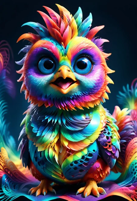 a cute chibby Chicken with big rainbow eyes made out of rainbow fractangles, it wears a cool rainbow bandana, very detailed, 4k, sharp