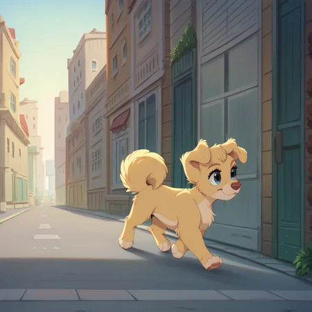 score_9, score_8_up, score_7_up, score_6_up, score_5_up, score_4_up, <lora:Angelladyandthetramp:1>, angellat, dog, yellow fur, body fur, solo, 1girl, outside, running, city, street, sidewalk, clouds, blue eyes, animal,