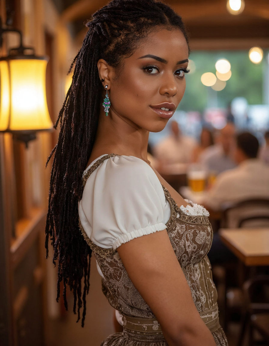 **Prompt:**
A woman  stands proudly in front of a traditional Bavarian backdrop, her long braid cascading down her back like a waterfall. She wears a intricately detailed dirndl attire, complete with delicate lace and embroidery, perfectly capturing the essence of Oktoberfest. Side view.
The camera captures her from a 45-degree angle, emphasizing her slender neck and shoulders as she gazes directly at the viewer. Soft, warm light from a nearby lantern casts a flattering glow on her skin, accentuating her high cheekbones and full lips.
In the background, the real Oktoberfest festivities unfold: revelers in traditional attire dance and sing around tables laden with steins of beer, while others play lively tunes on accordions and brass instruments. The atmosphere is electric, with vibrant colors and sharp lines that create a sense of depth and dimensionality.
As the camera lingers, it becomes clear that this woman is not just any festival-goer â she's the star of the show. Her dirndl attire is immaculately detailed, from the intricate patterns on her apron to the delicate flowers in her hair. Every stitch, every thread, every detail is meticulously rendered, creating a photorealistic masterpiece.
In a stunning double exposure effect, the woman's image is superimposed over a blurred background of revelers and festivities, creating an otherworldly sense of presence. The result is a truly cinematic scene that transports the viewer to the heart of Oktoberfest.
**Technical Specifications:**
* Resolution: 16k UHD
* Aspect Ratio: 1:1
* Frame Rate: 24fps
* Color Space: Rec. 2020
* Lighting: Soft, warm natural light with subtle highlights and shadows
This image is a true masterpiece, showcasing the artist's skill and attention to detail in capturing the essence of Oktoberfest. With its ultra-sharp lines, intricate details, and photorealistic quality, it's sure to be an award-winning work that leaves a lasting impression on all who see it.