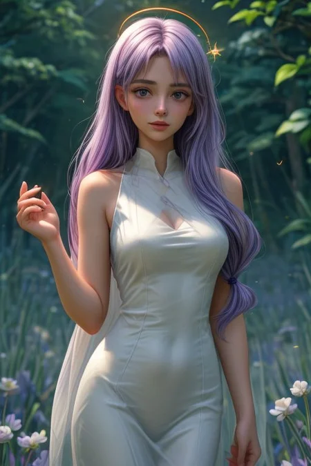 A gentle girl with a halo above her head, a saint, love for the world, kindness, a magnificent airy translucent lavender-colored dress, lavender-colored flowers in long hair, dragonflies, fireflies