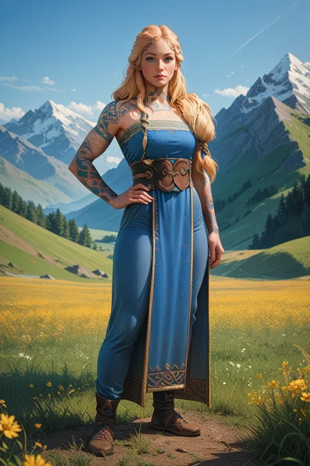 score_9, score_8_up, score_7_up,
<lora:GOWSif:0.8>
GOWSif, 1girl, blonde hair, blue eyes, long hair, tattoo, looking at viewer, hands on hips, mountains, field, full body