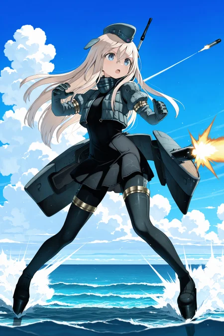 (masterpiece, best quality:1.2), amazing quality, very aesthetic, absurdres, perfect detail,
ocean, blue sky, cloud,
standing on ocean, fighting stance, firing torpedo, legs apart, serious, open mouth,
solo, u-511 \(pump\), military uniform, garrison cap, cropped jacket, puffy sleeves, long sleeves, gloves, black dress, black pantyhose, platform footwear, rigging, machinery.
<lora:XL_Ill_kancolle-u511(pump)-t2:0.9>