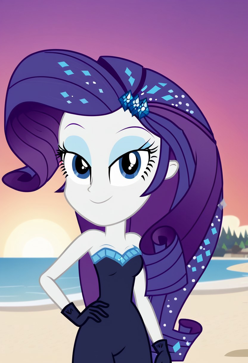 four fingers, Rarity, looking at viewer, 1girl, bent over, one hand on hip, solo, dusk, beach, sunset, breasts, petite body, bedroom eyes, seductive face, smiling, closed mouth, scattered diamonds in hair, hair glitter speckles, strapless bodysuit, dark blue outfit, dark blue gloves, (flat shading, soft shading), ((equestria girls, show accurate:1.2))