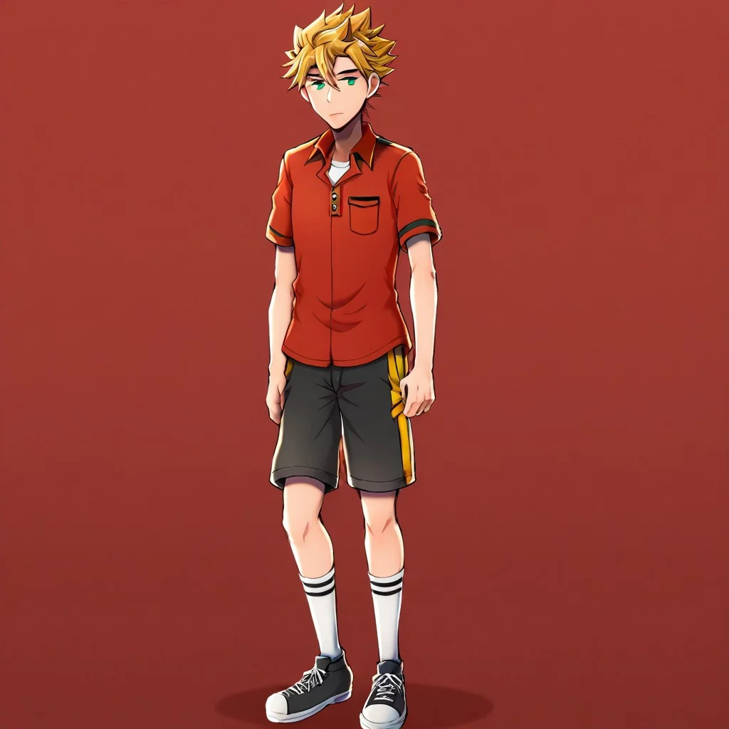 hikarishi_kenji_v2, green eyes, blonde hair, spiky hair, bangs, 1boy, solo, male focus, red shirts, black shorts, white socks, black shoes