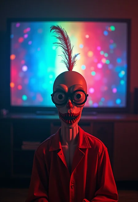 ((single centered white noodle beast fish eye glass) alien upside down face feather clown balloon mannequin puppet with strings attached), (nightmare disturbing apocalypse vibrant ((prismatic)) glittering rainbow), (terrifying evil deep dreadful scary disaster horror claustrophobic television screen background ), (high definition, HD, extreme detail, 4k, 8k, highest crisp resolution, hyper realistic)