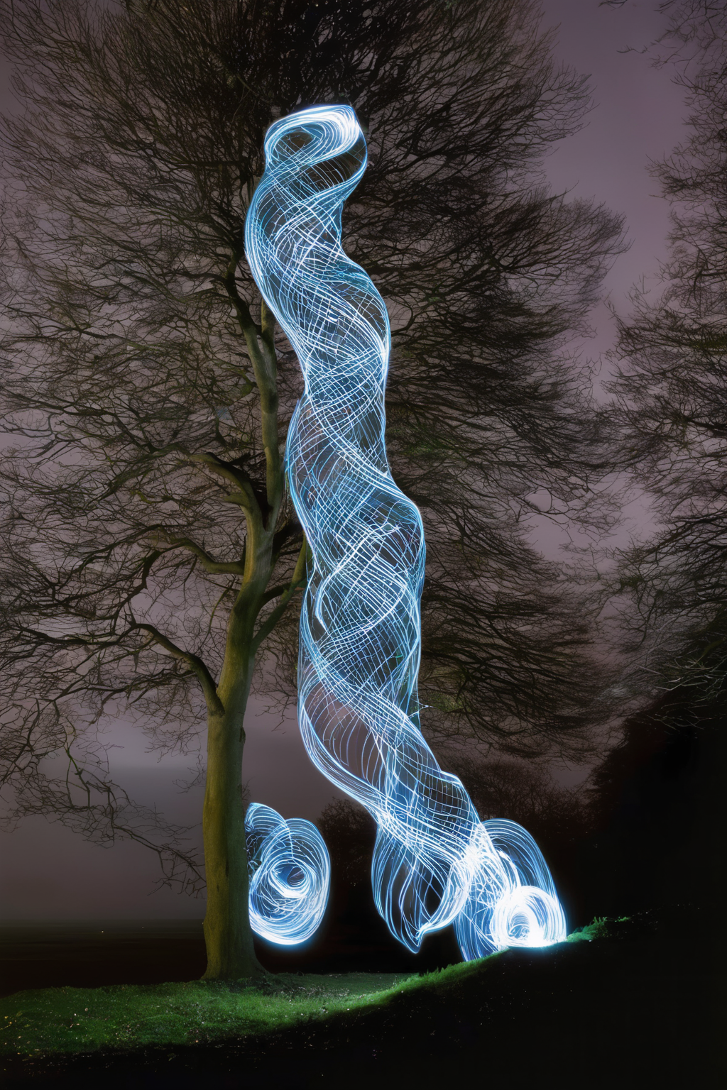 <lora:Photographer Martin Kimbell Style:1>Photographer Martin Kimbell Style - a long exposure photo of a tree and a light painting in the background