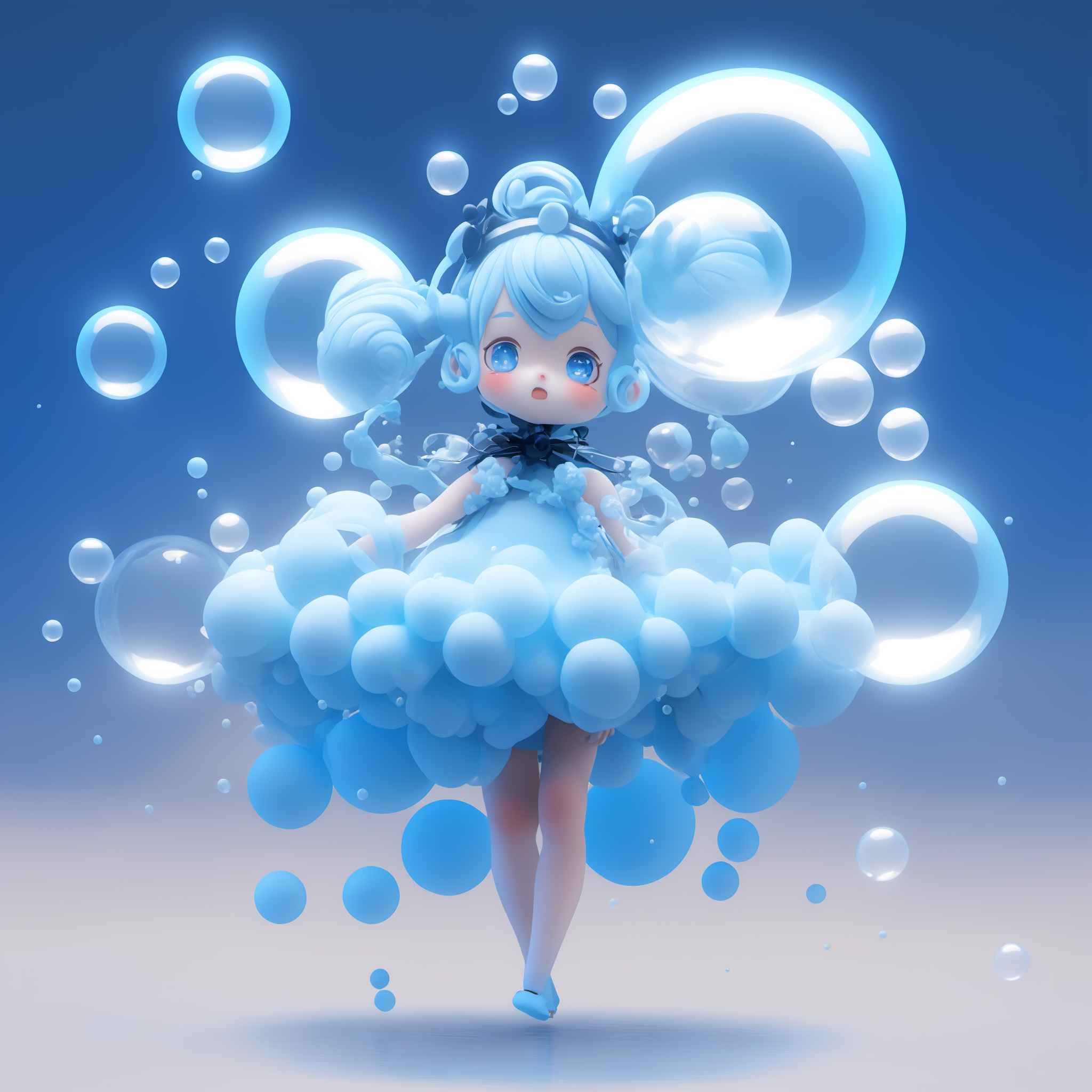 <lora:[XL]DOLL:1>A girl in blue surrounded by bubbles