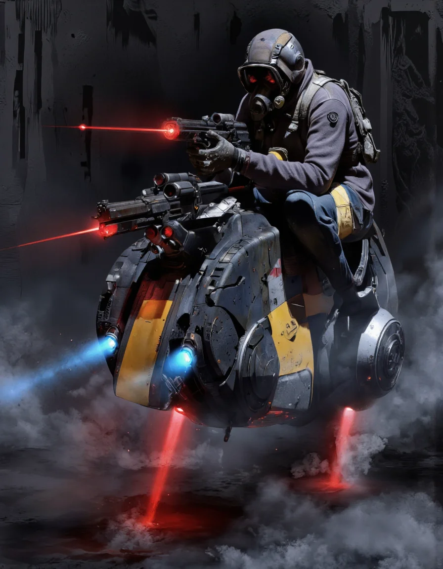 Art by Col Price & By Paul Chadeisson.
A digital illustration shoot from a low angle about a futuristic soldier riding a futuristic armored vehicle with a gas mask, set against a dark, smoky background with red and blue lights. the image also shows dynamic lighting effects. on the center of the image, a 1boy, who appears to be in his mid-twenties, is sitting on a futuristic vehicle, wearing a dark military-style jacket and a helmet, with a backpack on his back. he is holding a large, futuristic machine gun in his right hand and is positioned in the middle of the frame. the vehicle has a sleek, metallic design with blue and red lights emanating from the front, giving it a futuristic and advanced look. the background is filled with abstract shapes and textures, and the overall atmosphere is dark and moody, with dramatic lighting effects adding to the futuristic feel.