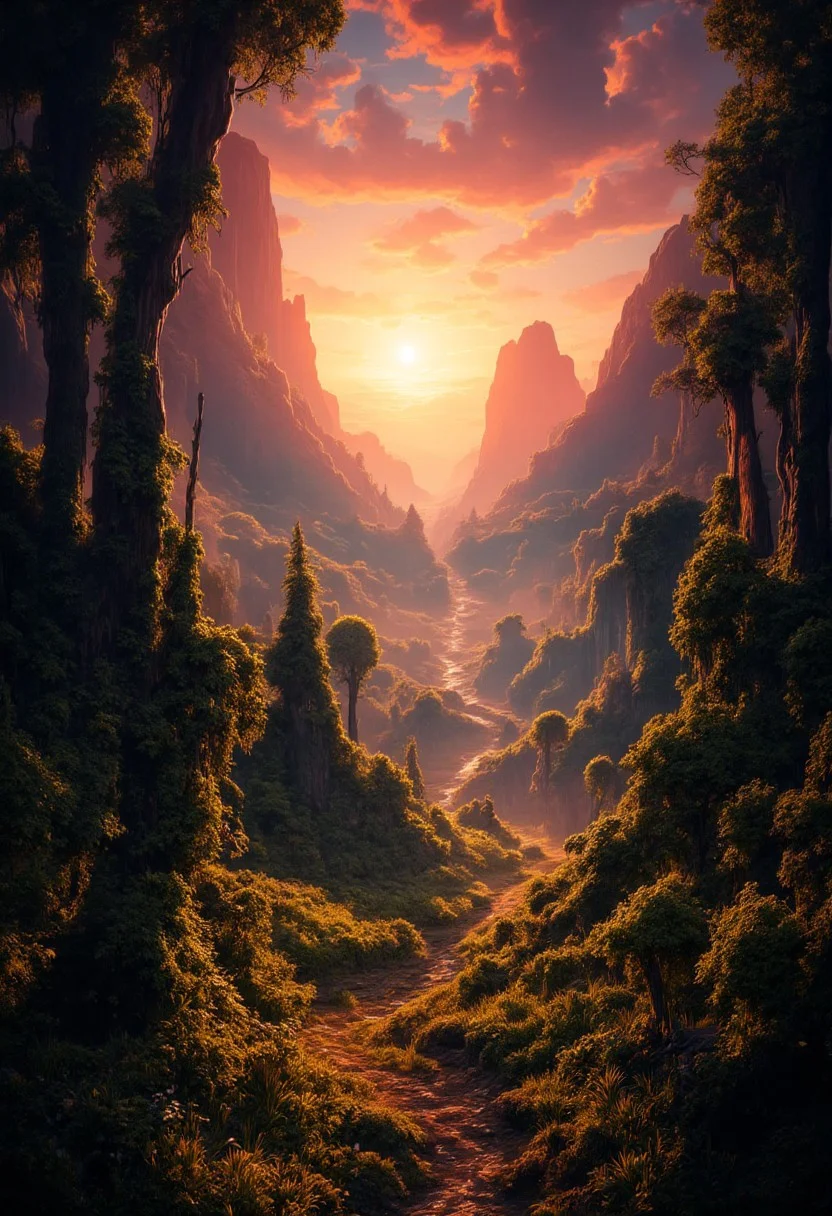 A path winds through a misty jungle valley towards tall mountains. Waterfalls catch the attention. The setting sun goes below the horizon, painting the sky in vivid hues of red, orange, and gold. Tall vine laded jungle trees canopy. Dew-kissed grass sparkles as sunbeams dance across the landscape. Puffy clouds catch the evening light, transforming into floating islands of color. In the distance, the mountains' peaks submerge in shadow.