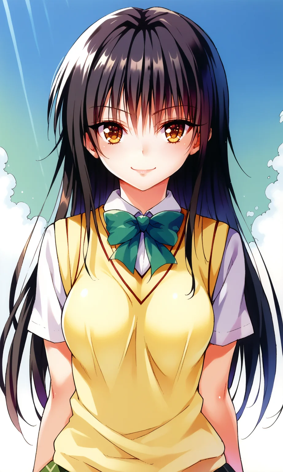 YabukiKentarou, to love-ru, score_9, score_8_up, score_7_up BREAK
kotegawa yui, brown eyes, black hair, long hair, medium breasts, school uniform, skirt, sweater vest, looking at viewer, light smile, upper body, cowboy shot,
<lora:YabukiKentarou_Pony_V2:1>