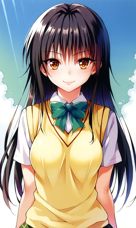 YabukiKentarou, to love-ru, score_9, score_8_up, score_7_up BREAK
kotegawa yui, brown eyes, black hair, long hair, medium breasts, school uniform, skirt, sweater vest, looking at viewer, light smile, upper body, cowboy shot, 
<lora:YabukiKentarou_Pony_V2:1>