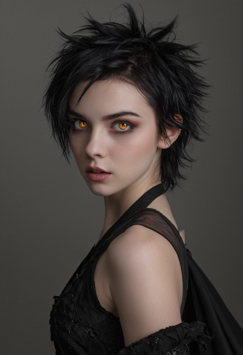 <lora:R0k00Gl0w1ngHD:1>,R0k00Gl0w1ngHD,(style, glowing, eyes, aura, background),, (Height, Petite, standing at approximately 4 feet 10 inches:1), (Build, Slim and graceful, with a delicate frame that emphasizes her agility and speed:1), (Hair, Short, spiky, and jet-black hair, styled in a tousled, pixie-like fashion, giving her a playful and unique look:1), (Eyes, Golden or amber-colored eyes, eyes are large and expressive, adding to her charming and mischievous aura:1), (Skin, Pale, alabaster skin that sparkles like diamonds in sunlight, as typical of vampires in the Twilight universe:1),