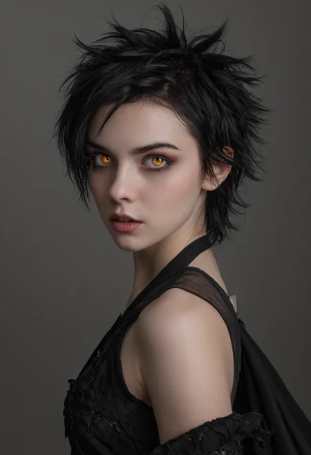 <lora:R0k00Gl0w1ngHD:1>,R0k00Gl0w1ngHD,(style, glowing, eyes, aura, background),, (Height, Petite, standing at approximately 4 feet 10 inches:1), (Build, Slim and graceful, with a delicate frame that emphasizes her agility and speed:1), (Hair, Short, spiky, and jet-black hair, styled in a tousled, pixie-like fashion, giving her a playful and unique look:1), (Eyes, Golden or amber-colored eyes, eyes are large and expressive, adding to her charming and mischievous aura:1), (Skin, Pale, alabaster skin that sparkles like diamonds in sunlight, as typical of vampires in the Twilight universe:1),