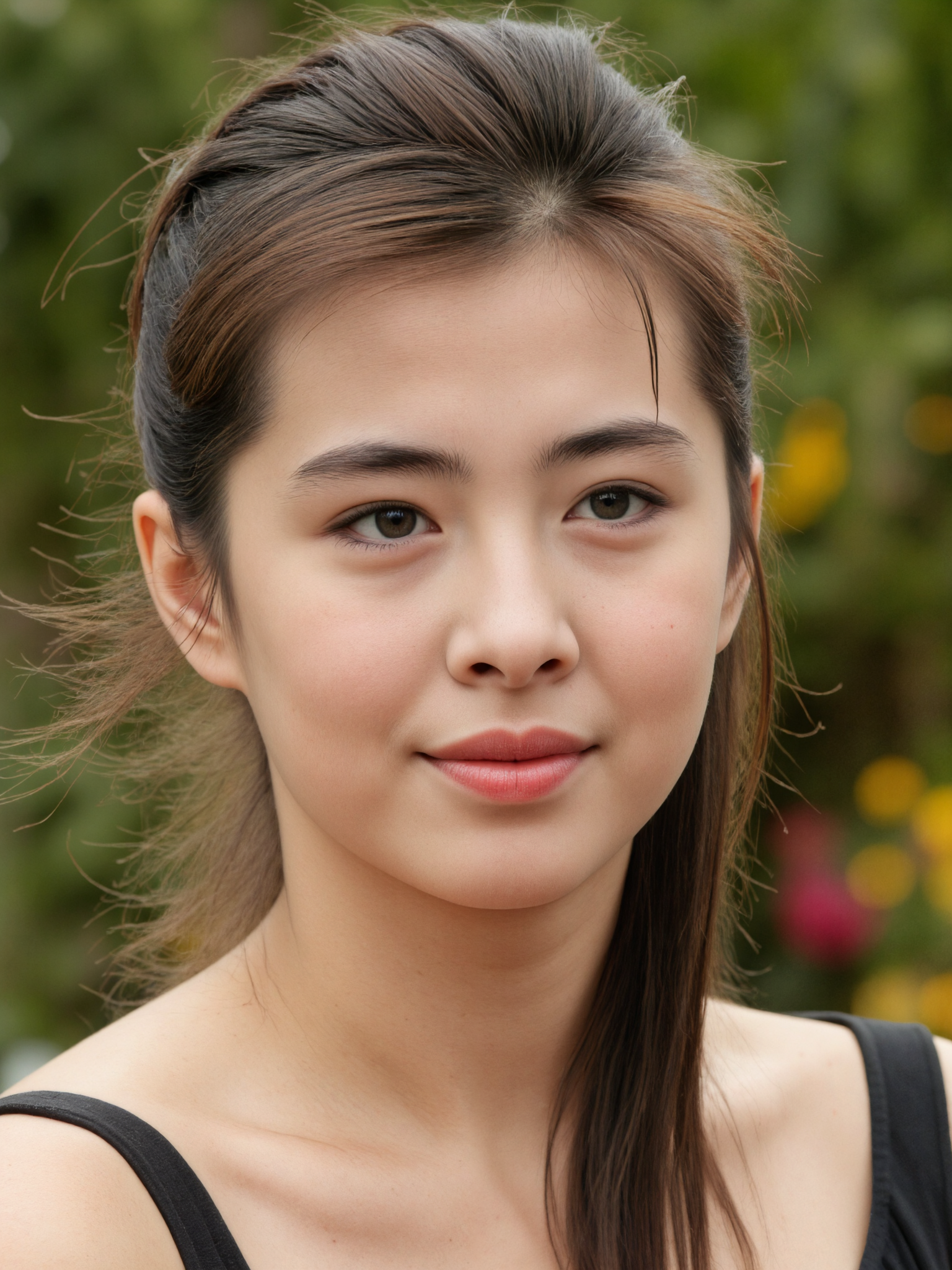 This is a close-up photograph of an Asian woman with a fair complexion, taken at eye level, using a shallow depth of field that blurs the background. She has straight, dark brown hair tied back in a low ponytail, with a few loose strands framing her face. Her expression is neutral, with a slight, closed-mouth smile. She wears a sleeveless, black top that contrasts with her skin tone. The background is softly focused, with hints of green and yellow, suggesting an outdoor setting. The lighting is natural, likely from the sun, giving her skin a soft glow. The image follows the rule of thirds, with her face positioned off-center.