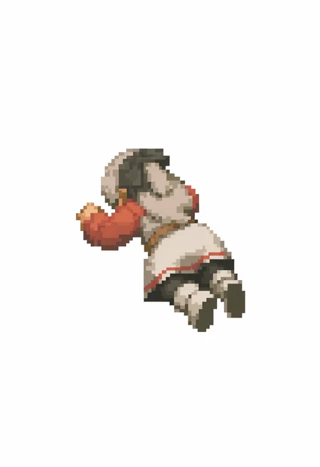 masterpiece, best quality, solo, 1girl, <lora:FFT-Sprites-illus_Fp:1>, full body, lying, head down, pixel art, white background, simple background, <lora:elie-illu-nvwls-v1:1>, zrelie, grey hair, long hair, half updo, black hairband, hair ribbon, white and red uniform, white dress, brown belt, black pantyhose, white boots,