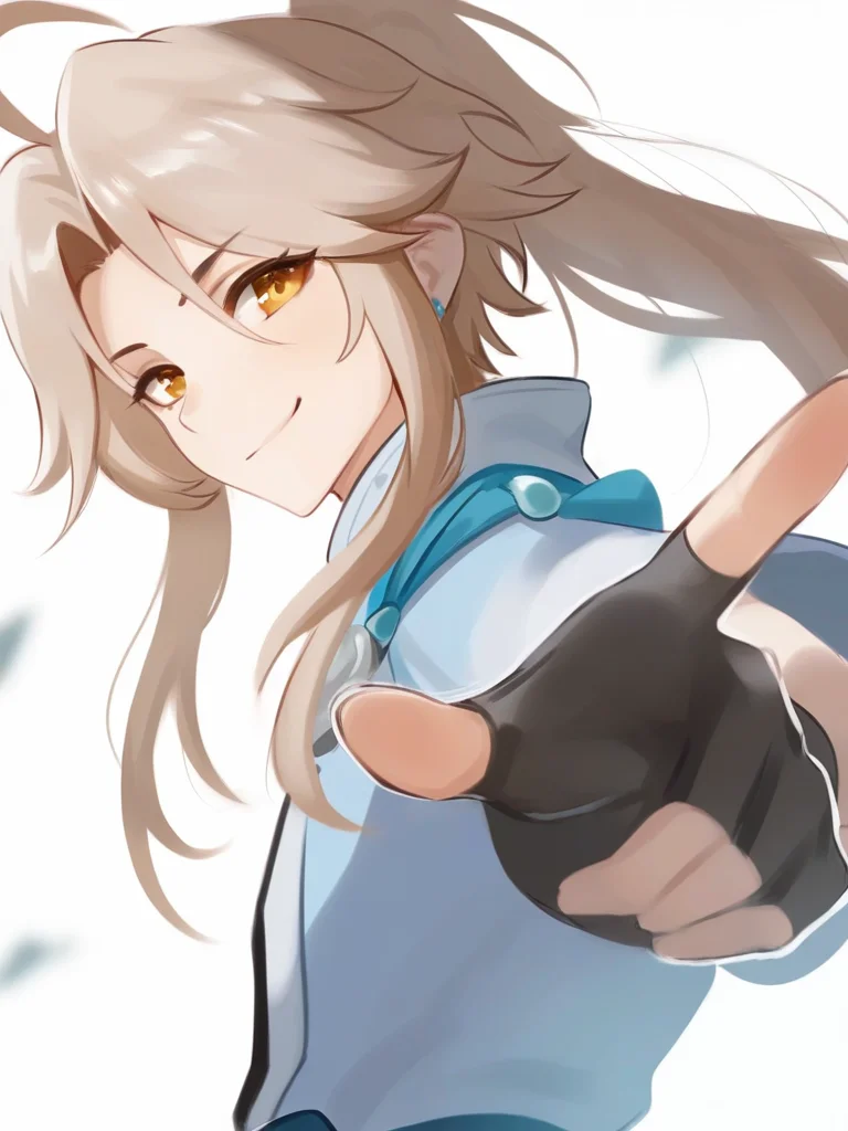 masterpiece, best quality, very aesthetic, highres, absurdres,(miurahha, bacius, ririko \(fhnngririko\):0.4),<lora:star_rail_all-000014:1>ï¼1boy, bishounen, brown hair, chinese clothes, curtained hair, fingerless gloves, long hair, looking at viewer, male focus, parted bangs, simple background, smile, solo, sparkle, upper body, white background, yanqing (honkai: star rail)