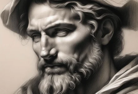 (masterpiece),
Black and white Renaissance drawing of a mid-age man, short beard,
Black and white tones,
HDR, highly detailed, 32k,
looking at viewer, Style-Renaissance