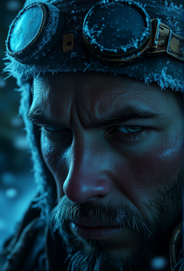 A close-up of a frost-covered, weary face, intense and hardened, under dramatic, moody lighting, snowflakes resting on the skin, cinematic focus on facial texture and detail, cold, blue-toned lighting, with a steam-punk industrial background . bv-fropunsty<lora:bv-frostpunk-style-v1.safetensors:1.0:1.0>