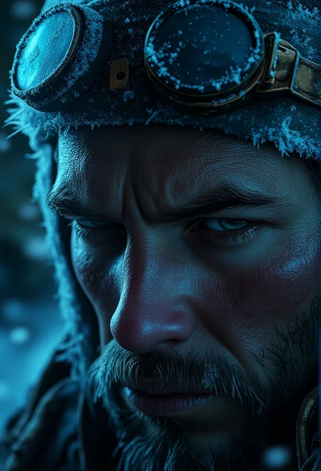 A close-up of a frost-covered, weary face, intense and hardened, under dramatic, moody lighting, snowflakes resting on the skin, cinematic focus on facial texture and detail, cold, blue-toned lighting, with a steam-punk industrial background . bv-fropunsty<lora:bv-frostpunk-style-v1.safetensors:1.0:1.0>