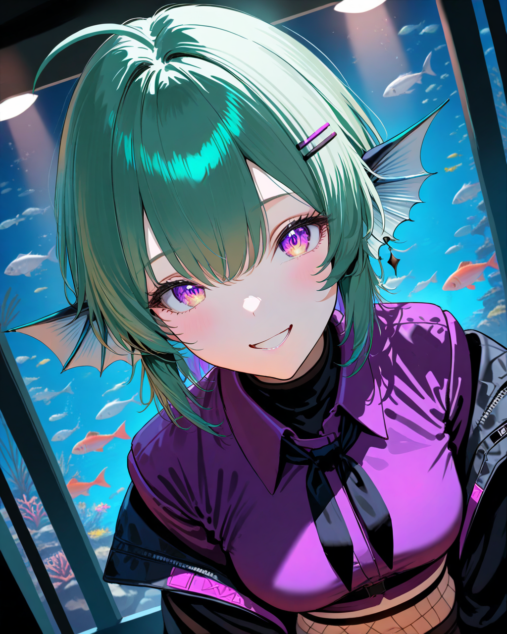 FinanaRyugu,
1girl, solo, dutch angle, close-up,
short hair,
hair clip,
green hair,
purple eyes, multicolored eyes,
head fins,
earrings,
multicolored hair, purple hair,
ahoge,
dating, smile, arms at sides,
black jacket,
purple shirt, long sleeves,
black undershirt, black neckerchief, croptop,
fishnets,
night, aquarium,
<lora:kp_FinanaRyuguAnimagineXL_v1_0_c:1.0>,
masterpiece, high score, great score, absurdres, 
ultra-detailed, realistic, moody lighting, detailed eyes, depth of field, high contrast,