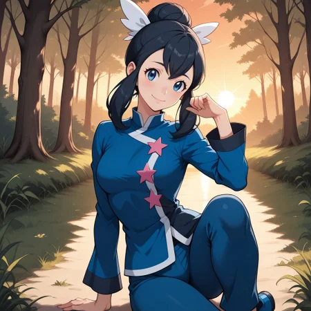 score_9, score_8, BREAK, solo, liza (pokemon), black hair, hair bun, single hair bun, long hair, sidelocks, blue eyes, white hair ribbon, blue jacket, long sleeves, pink star buttons, blue capri pants, blue shoes, adult female, mature female, breasts, sexy pose, self portrait, smile, outdoors, sunlight, shadows, evening lighting, natural lighting, forest, trees, grass, orange sky, sunset