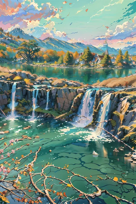 (masterpiece:1.3),(best quality:1.3),highres,vivid colors,ultra-detailed,masterpiece,extremely detailed CG unity 8k wallpaper,best quality,absolutely magical world,s,scenery,style-sylvamagic,<lora:Detailed_Places_R-128_v1:0.7>,scenery,water,no humans,outdoors,waterfall,tree,nature,day,mountain,dutch angle,sky,landscape,