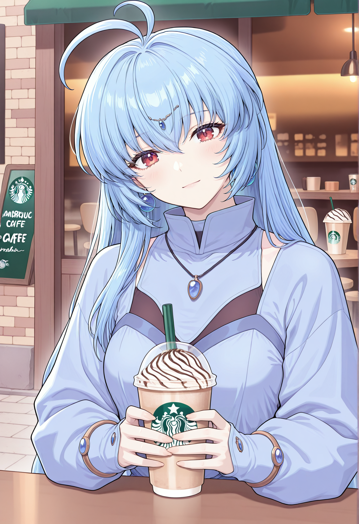 horror \(theme\), 1girl, solo, 1girl, double ahoge, long hair, blue hair, red eyes, jewelry, earrings, forehead jewel, blue dress, outdoors, cafe, sitting. starbucks, holding drink, looking at viewer, head tilt, light smile,  <lora:Alicia_brave_soul_mogu:1>, masterpiece, best quality, amazing quality, very aesthetic, absurdres, highres, newest
