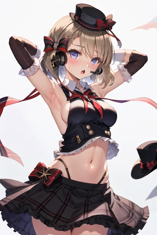 best quality, masterpiece, highres, solo, {z23_azurlane:1.15}, short_hair, blush, bangs, breasts, bow, blue_eyes, blonde_hair, hair_bow, cross, purple_eyes, iron_cross, open_mouth, medium_breasts, hair_between_eyes, 1girl, armpits, bare_shoulders, black_headwear, elbow_gloves, gloves, hat, headset, idol, looking_at_viewer, mini_hat, plaid, ribbon, sleeveless, sweat, collared_shirt, crop_top, midriff, navel, plaid_skirt, shirt, sidelocks, skirt, sleeveless_shirt, tilted_headwear, :o, arms_behind_head, arms_up, black_gloves, black_skirt, cowboy_shot, frilled_skirt, frills, hat_bow, standing, top_hat