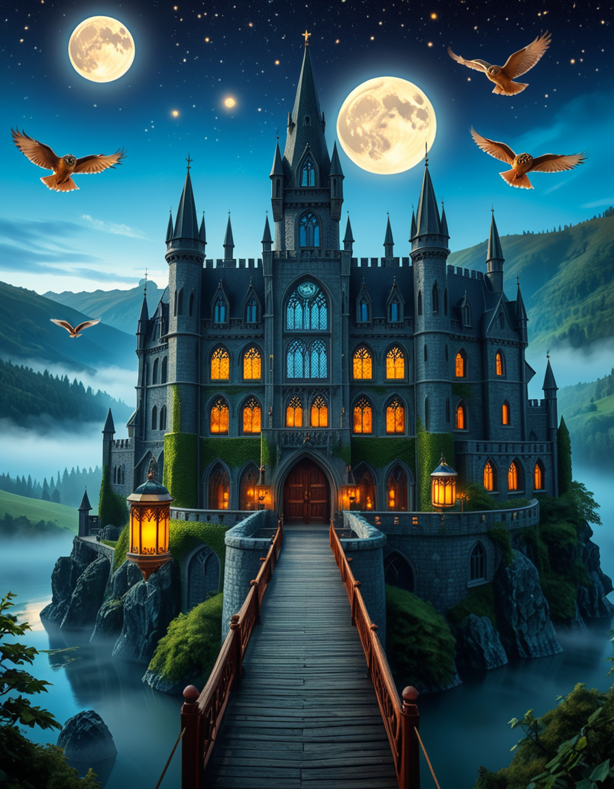 A majestic, ancient castle perched on a rocky hill, serving as a prestigious school for young wizards. The castle is a grand structure with towering spires, intricate gothic architecture, and large stained-glass windows that glow with magical energy. The stone walls are covered in ivy, and enchanted lanterns float around the entrance, casting a soft, mystical glow. A massive wooden bridge leads to the main gate, suspended over a misty, enchanted lake that reflects the moonlight. In the background, rolling green hills and dense, fog-covered forests surround the school, adding an air of mystery. The sky is a deep twilight blue, with stars twinkling and a full moon shining brightly. Some windows in the castle emit warm, golden light, hinting at classrooms filled with spellbooks and students practicing magic. A few owls are seen soaring above, delivering messages. The atmosphere is magical, mysterious, and full of wonder, as if the castle itself is alive with enchantments.
<lora:SDXLFaeTastic2400:0.4> <lora:extremely_detailed:0.4> extremely detailed, <lora:ancient_c4stl3:1>,ancient c4stl3, Masterpiece,best quality,hi res,8k,hi res,8k,award winning,(sharp focus, intricate, highly detailed),
