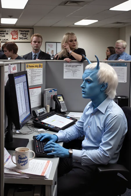 An Andorian man with cobalt blue skin and shaggy white hair is sitting at a computer in a crowded office cubicle, dressed in a button-up shirt and slacks, staring at the Excel spreadsheet on his screen with a look of absolute confusion. His antennae twitch with frustration as he tries to make sense of the formulas, while the office around him buzzes with the typical sounds of ringing phones, typing, and low murmurs of conversation. A coffee cup with the words âWorldâs Okayest Employeeâ sits next to his keyboard, untouched, as he furrows his brow and clicks through endless tabs. The fluorescent lighting casts a sterile glow over the cubicles, and motivational posters line the walls with cheesy sayings like "Teamwork Makes the Dream Work." A co-worker casually leans on the divider, chuckling as they offer some unhelpful advice, while the Andorianâs antennae twitch irritably in response. In the distance, the hum of a copy machine adds to the background noise, and a faint smell of reheated lunch drifts through the air. It's a slice of typical office life, but the Andorianâs alien confusion with office software brings an amusing twist to the otherwise monotonous scene.<lora:midjourney_whisper_flux_lora_v01:0.55><lora:aidmaMJ6.1-FLUX-V0.1:0.4><lora:FluxMythP0rtr4itStyle:0.4><lora:detailed_flux_ntc:2.2><lora:aidmaImageUpgrader-FLUX-V0.1:0.65><lora:andorian_FLUX>