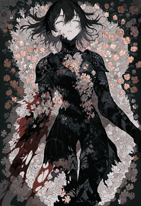 masterpiece, hires, newest, very awa, muted color, contrast, horror \(theme\), cinematic shot, 1girl, black armor, hair between eyes, black hair, blood on chest, blood on face, missing limb, missing legs, lying, on back, disintegration, flower bed, expressionless, parted lips, closed eyes, looking afar, <lora:mon_monmon2133:0.8>