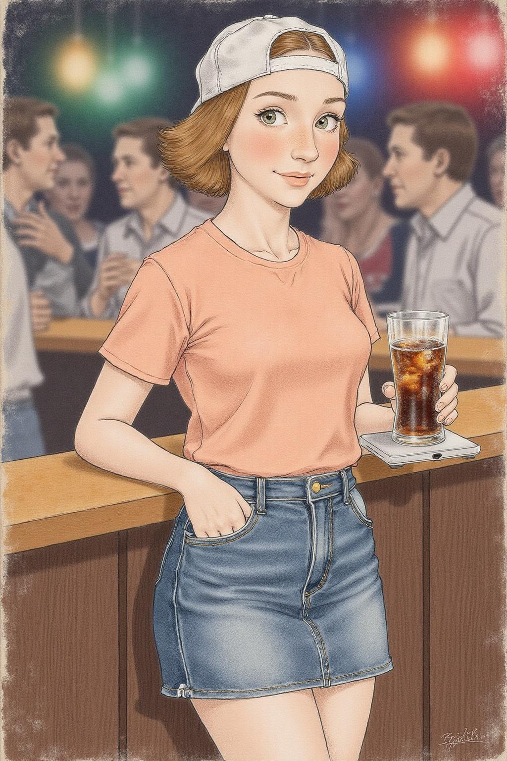 hansho1 monochromatic pencil drawing,
The air buzzes with the energy of a busy bar, a mix of music, conversation, and the clinking of glasses. A barmaid, the embodiment of youthful vibrancy, navigates the lively scene. She wears a peach-coloured T-shirt, the soft fabric contrasting with the smooth, cold glass of coke she carries on a small tablet. Her short skirt adds a playful touch, and a backwards baseball cap hints at a carefree attitude. The setting and atmosphere are palpable: the warm, slightly sticky surface of the bar counter under her fingertips, the dim, colourful lighting that casts playful shadows. Sensory details are abundant: the condensation forming on the glass of coke, the texture of her denim skirt, and the way the bar lights catch the highlights in her hair. Her confident stride, her quick smile, and her efficient movements. Stylistically, the image draws inspiration from the vibrant, candid shots of nightlife photographers, with a touch of the stylized realism found in contemporary illustration. There's a deliberate contrast between the barmaid's youthful energy and the slightly worn, lived-in atmosphere of the bar, creating a dynamic and engaging image. <lora:hansho2_nocap_d6a3e12:1.0><lora:817319310205689070:0>