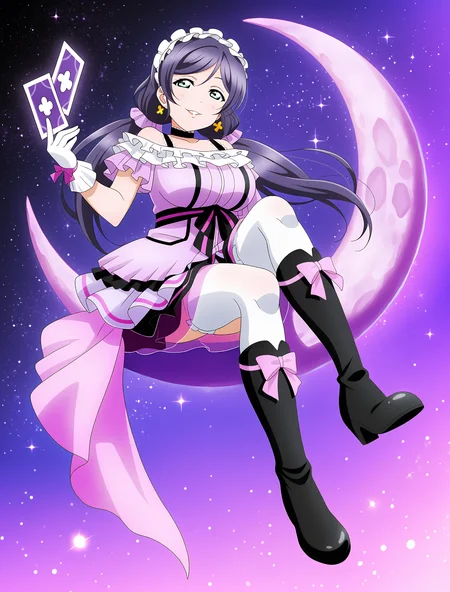 <lora:Koto-Umi-Riko-Shizu-Setsu-LLAS-IllustriousXLV01-V1:0.5> <lora:Koto-Umi-Riko-Shizu-Setsu-LLAS-NoobAIXLV11-V1:0.5> <lora:sdxl-boldline:-0.8> <lora:il_saturation_slider_d1:-0.3>
<lora:KiraSen-Dress-IllustriousXLV01-V1:1>
(llas:1.4), (masterpiece, very aesthetic, absurdres, very awa:1.2), best quality, highres, newest, perfect anatomy, perfect lighting, anime coloring, anime screenshot BREAK
(sparkle, light particles:1.2), depth of field, blurry background BREAK
1girl, solo, looking at viewer, full body BREAK
tojo nozomi, tjnzm maid headdress, tjnzm hair scrunchie, pink scrunchie, low twintails, lace strap BREAK
big pupils, (detailed eyes:1.2), huge breasts, lips, parted lips, seductive smile BREAK
(violet-purple krkrs dress, kirasen, kira-kira sensation!:1.2), off-shoulder frilled dress, strap, choker, vertical-striped dress, striped waist ribbon, striped sash, (layered circle skirt:1.2), ribbon-trimmed gloves, glove bow, white gloves, white thighhighs, ribbon-trimmed knee boots, black footwear, skirt cape, yellow clover earrings BREAK
(sitting on crescent moon, purple moon, holding tarot card:1.2), (starry sky, sky, sparkle background:1.2), galaxy, nebula, purple background, black background