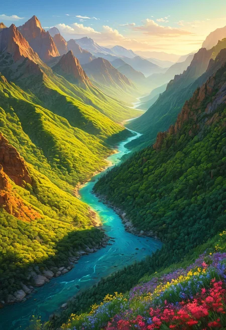 Sweeping aerial view of majestic alpine peaks and vibrant desert dunes, intimate close-up of delicate coastal wildflowers and textured forest leaves, eye-level capture of verdant woodlands meeting serene valley vistas and sunlit coastal shores. Dynamic low-angle composition emphasizing towering mountains, rich textures of rugged cliff faces, and intricate patterns of rippling water. Fluid tracking perspective revealing expansive natural gradients, ethereal mists, and vivid interplay of light and shadow across multifaceted terrains. Lush forests, arid deserts, grand mountain ranges, and tranquil waterways united in a harmonious, atmospheric display. 8k, masterpiece, intricate, vibrant colors, organic spatial composition, and fine natural detail, evocative ambience, sublime natural beauty.