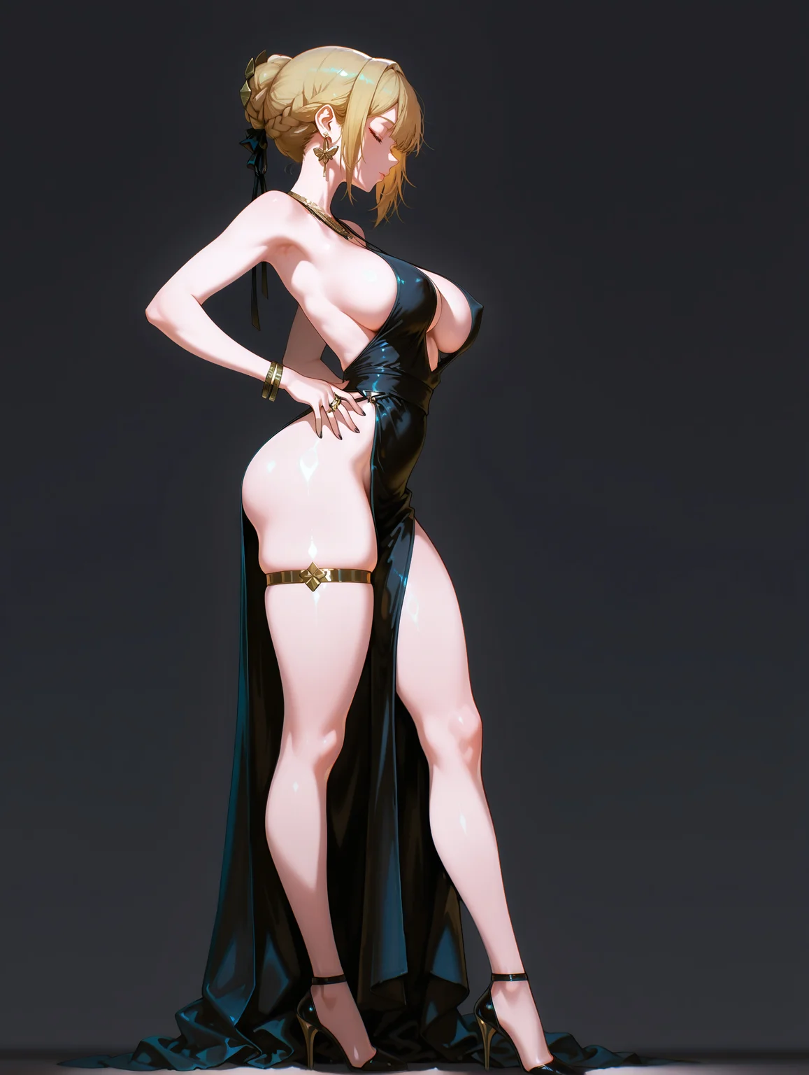 masterpiece, very aesthetic, best quality, hiper-detailed, solo, intricate details, rich colors, dark, darkness, night, wide hips, thick thighs, large breast, fit body, imtdevelynchevalier, 1girl, blonde hair, bangs, short hair, braid, hair bun, single hair bun, dress, high heels, black dress, sideboob, thigh strap, ass, black footwear, full body, ribbon, thighs, standing, black ribbon, bare shoulders, sleeveless, jewelry, sleeveless dress, hair ribbon, from side, backless outfit, closed mouth, legs, backless dress, side slit, hands on hips, closed eyes, evening gown, no panties, no bra, profile, long dress, gray background, bracelet, bare arms, simple background, skindentation, pelvic curtain, halterneck, thighlet, bare legs, hand on hip, earrings, armpits, back, adjusting clothes, revealing clothes, very revealing clothes, covered nipples, lips, nail polish, black nails, ring, strappy heels, expressionless, hair ornament, looking away, arched back, stiletto heels, two-tone background, black bow, necklace