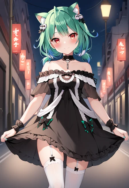 uruha_rushia, rushia_neko, green hair, short twintails, cat ears, red eyes, medium hair, small breasts, petite, virtual youtuber, animal ears, thighhighs, dress, white thighhighs, skull hair ornament, black dress, looking at viewer, garter straps, low twintails, off-shoulder dress, black dress, frilled dress, skull hair ornament, black choker, medium hair BREAK outdoors,city street, night BREAK sexy pose, looking at viewer, sexy face, sexy smile, cowboy shot, dynamic pose, BREAK score_9, score_8_up, score_7_up, source_anime ,zPDXL, perfect hand,<lora:Uruha_Rushia:0.8>