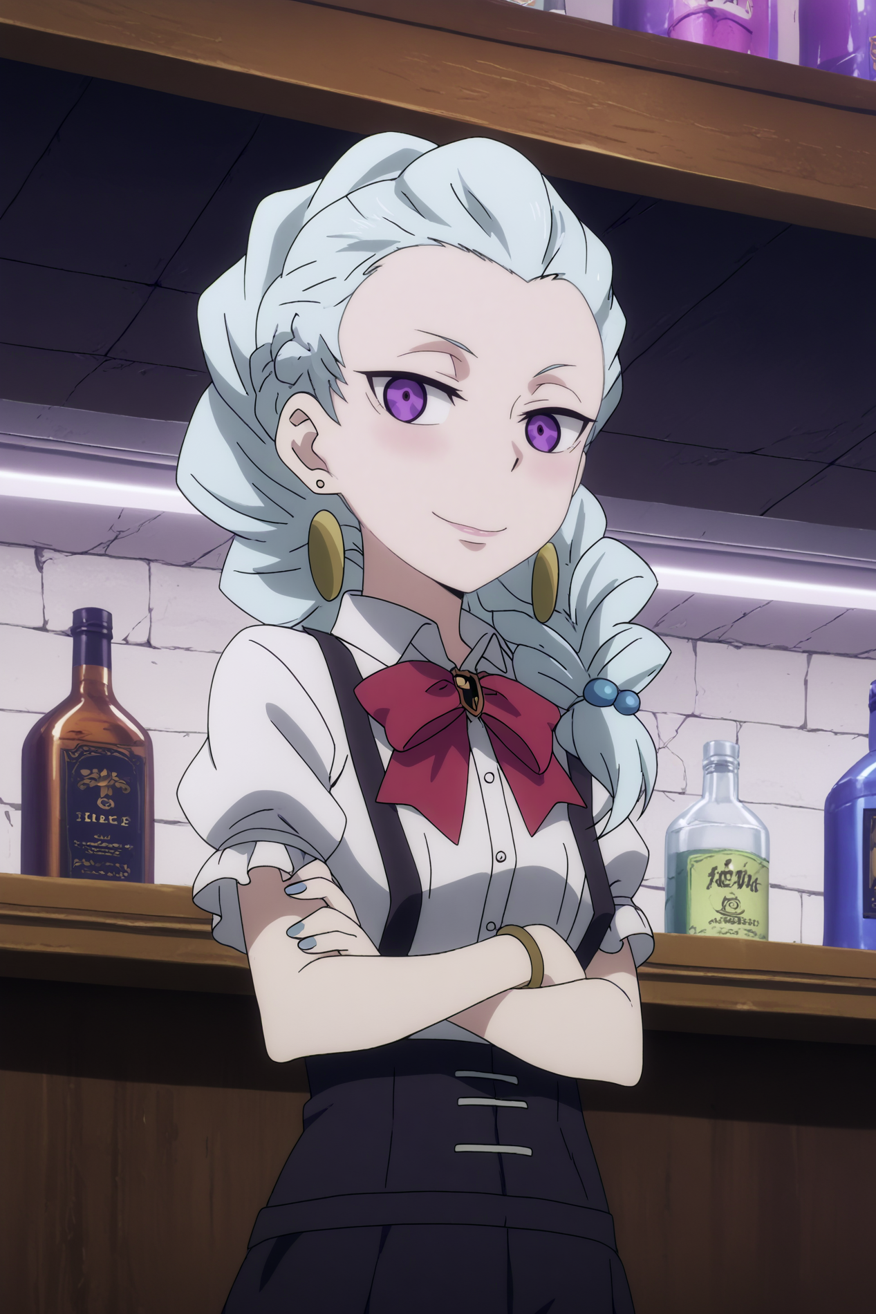 nona,1girl,solo,braid, single_braid, jewelry, earrings, white_hair, bracelet, long_hair, bow,school_uniform, looking_at_viewer, suspenders, short_sleeves, hair_over_shoulder, lipstick, smile,nail polish  crossed arms,from below,   BREAK indoors,bar with alcohol,bar,purple light,gothic_architecture, low light  <lora:Nona_-_Death_Parade.safetensors:1> <lora:detailed_backgrounds_v2.safetensors:0.6>,