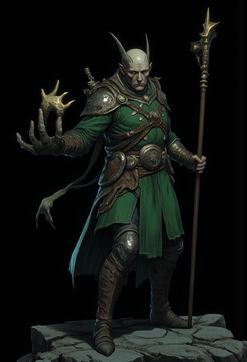 Standing in a hyper stanced extended action pose
a meddle aged bald medieval  summoner mage wearing a green sorcerers tunic and a wizards staff made out of wood zbrush
Set against a solid dark black color background to emphasize its unsettling unnatural form that emphasizes its silhouette. The medium is not a traditional painting or illustrative medium like watercolor or ink but rather a digital 3D rendering.
MikeFranchinastyle, d4artstyle, d4concept, , bbstyle,, horror theme,, zbrush, ZBClay model of a gray sculpture, 1990's, 1990's style