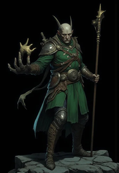 Standing in a hyper stanced extended action pose
a meddle aged bald medieval summoner mage wearing a green sorcerers tunic and a wizards staff made out of wood zbrush
Set against a solid dark black color background to emphasize its unsettling unnatural form that emphasizes its silhouette. The medium is not a traditional painting or illustrative medium like watercolor or ink but rather a digital 3D rendering.
MikeFranchinastyle, d4artstyle, d4concept, , bbstyle,, horror theme,, zbrush, ZBClay model of a gray sculpture, 1990's, 1990's style