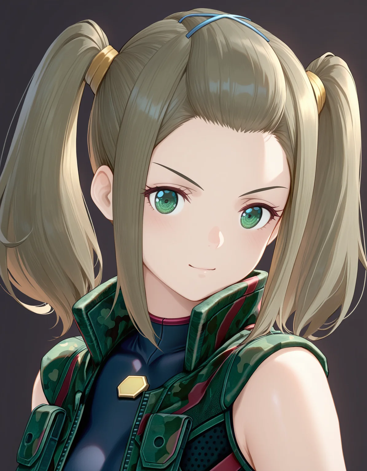 masterpiece, best quality, good quality, 1girl, solo, xenoblade, portrait, camouflage vest, unitard, green eyes, shania, bangs pinned back, twintails, x-hair ornament, simple background <lora:shania illustrious 006:1>