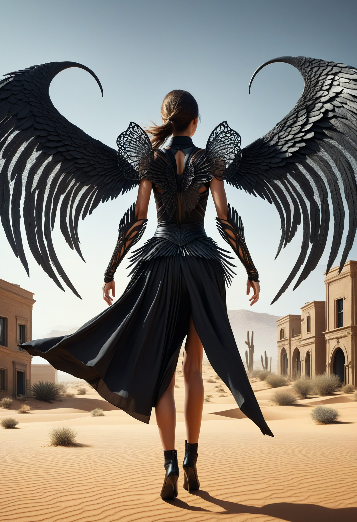 awesome quality, dynamic,DonMDr4g0nXL woman from behind,wings attached to back,skirt, (draconid:0.25) black void nature, town house in desert biome  <lora:myLora\DonMDr4g0nXL-v2rb:1>,